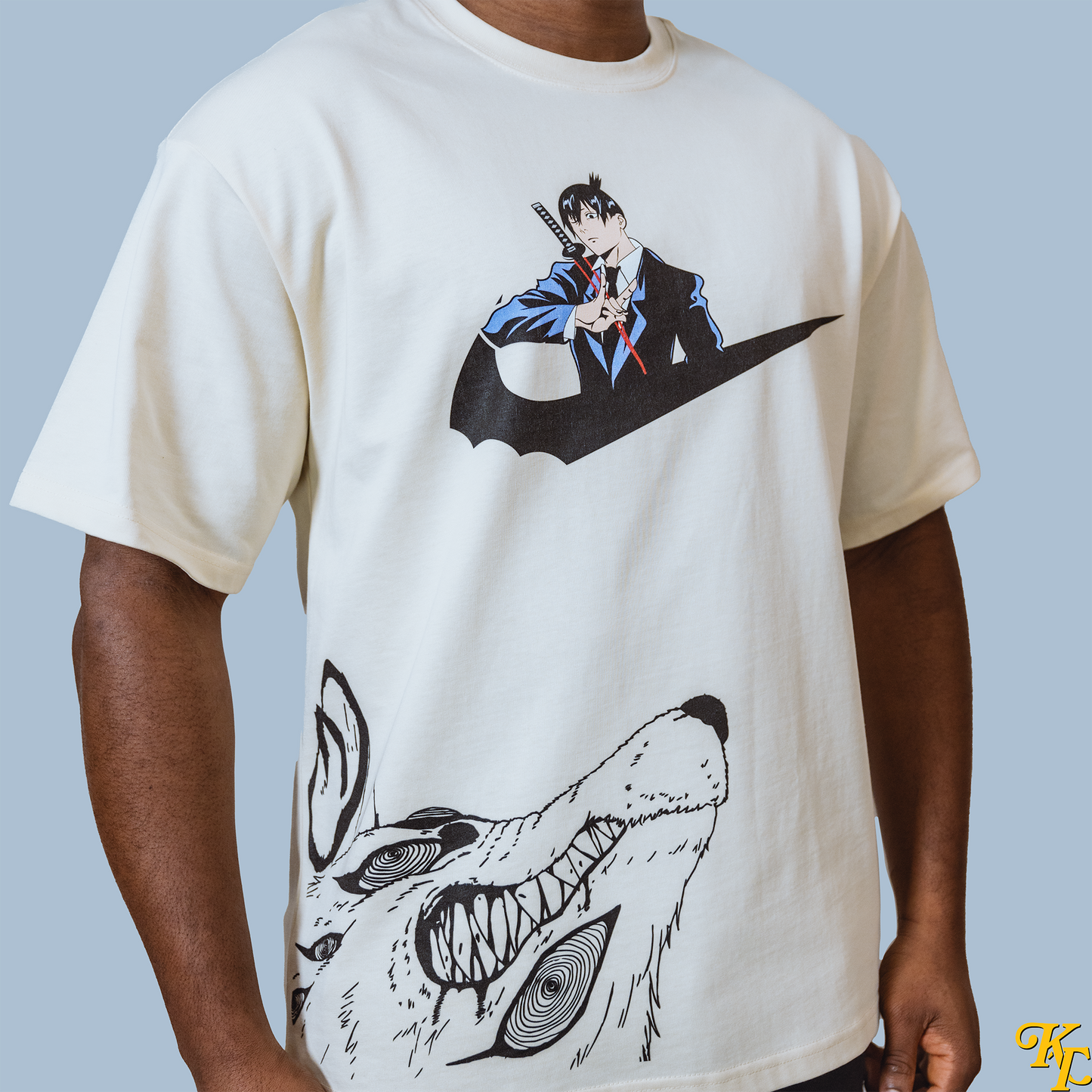 Front profile of model wearing graphic t-shirt with designs inspired by Aki Hayakawa and the Fox Devil from Chainsaw Man