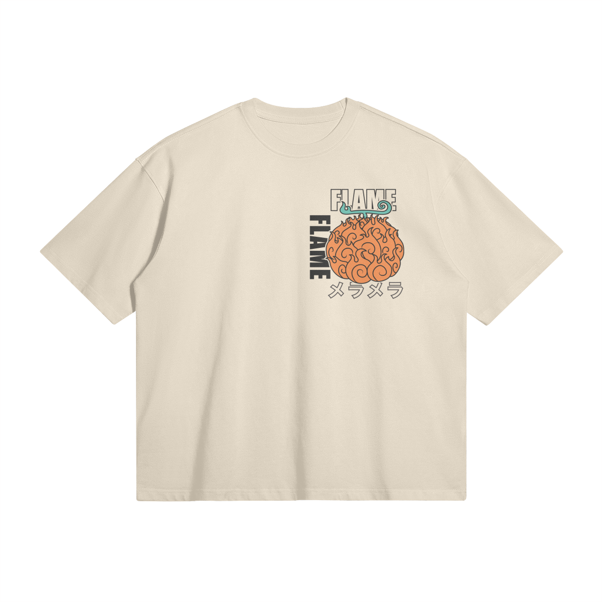 Flat lay of front of cream t-shirt with pocket graphic of artistic depiction of fruit inspired by the Flame Flame devil fruit