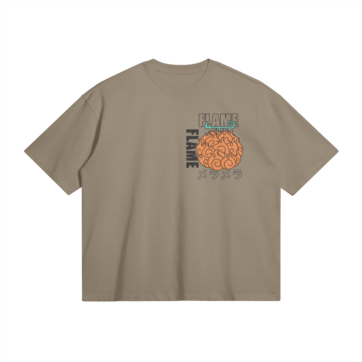 Flat lay of front of brown t-shirt with pocket graphic of artistic depiction of fruit inspired by the Flame Flame devil fruit