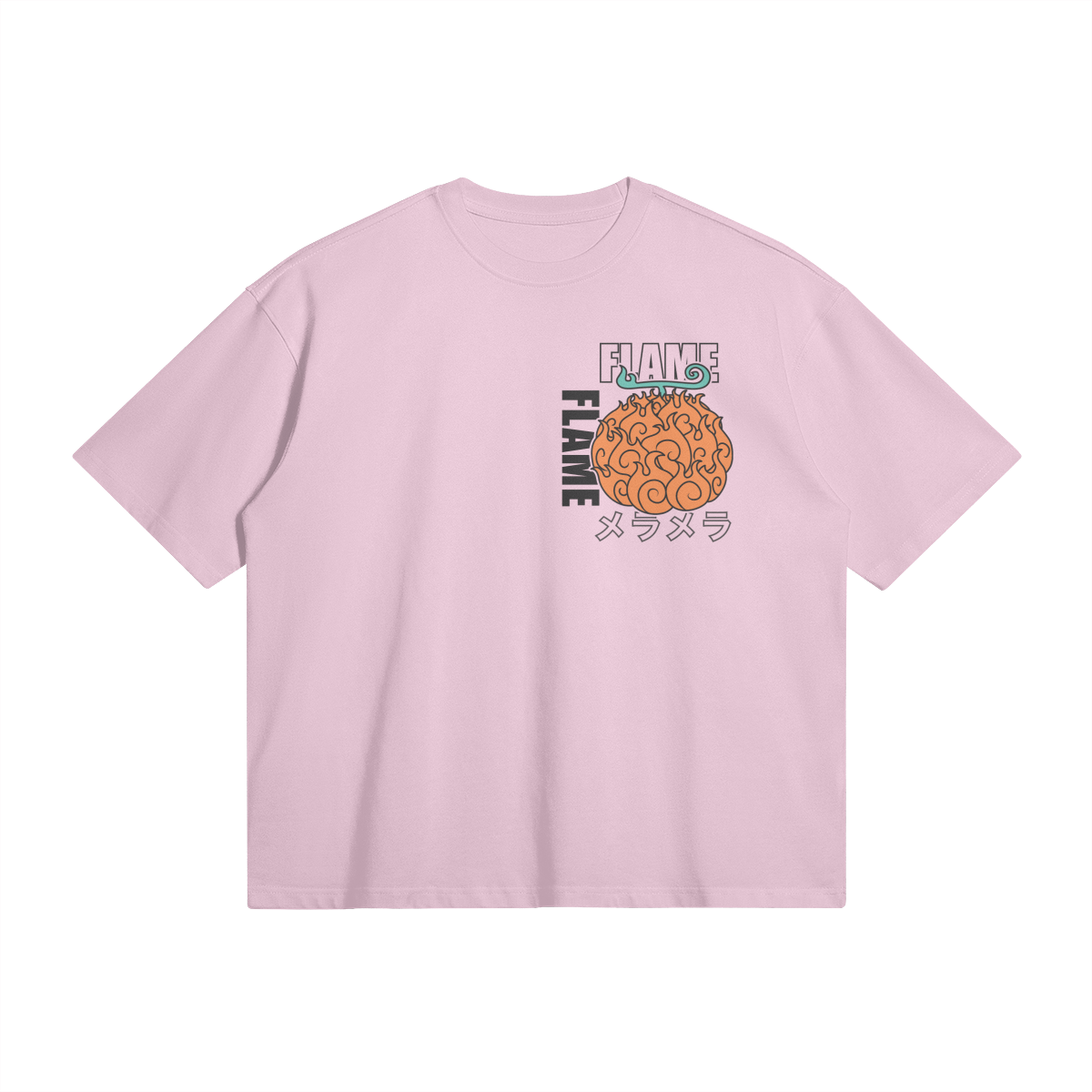 Flat lay of front of pink t-shirt with pocket graphic of artistic depiction of fruit inspired by the Flame Flame devil