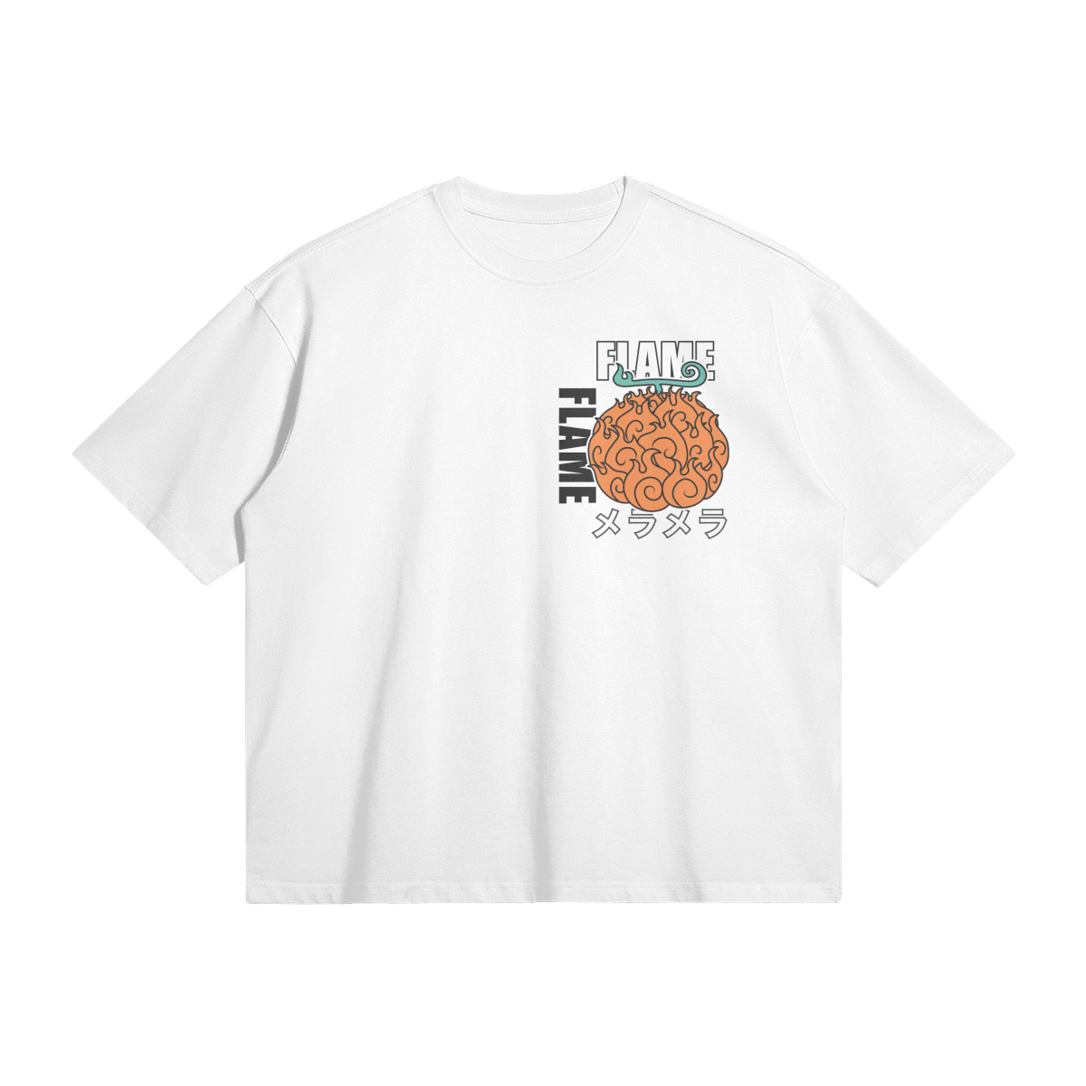 Flat lay of front of white t-shirt with pocket graphic of artistic depiction of fruit inspired by the Flame Flame devil fruit