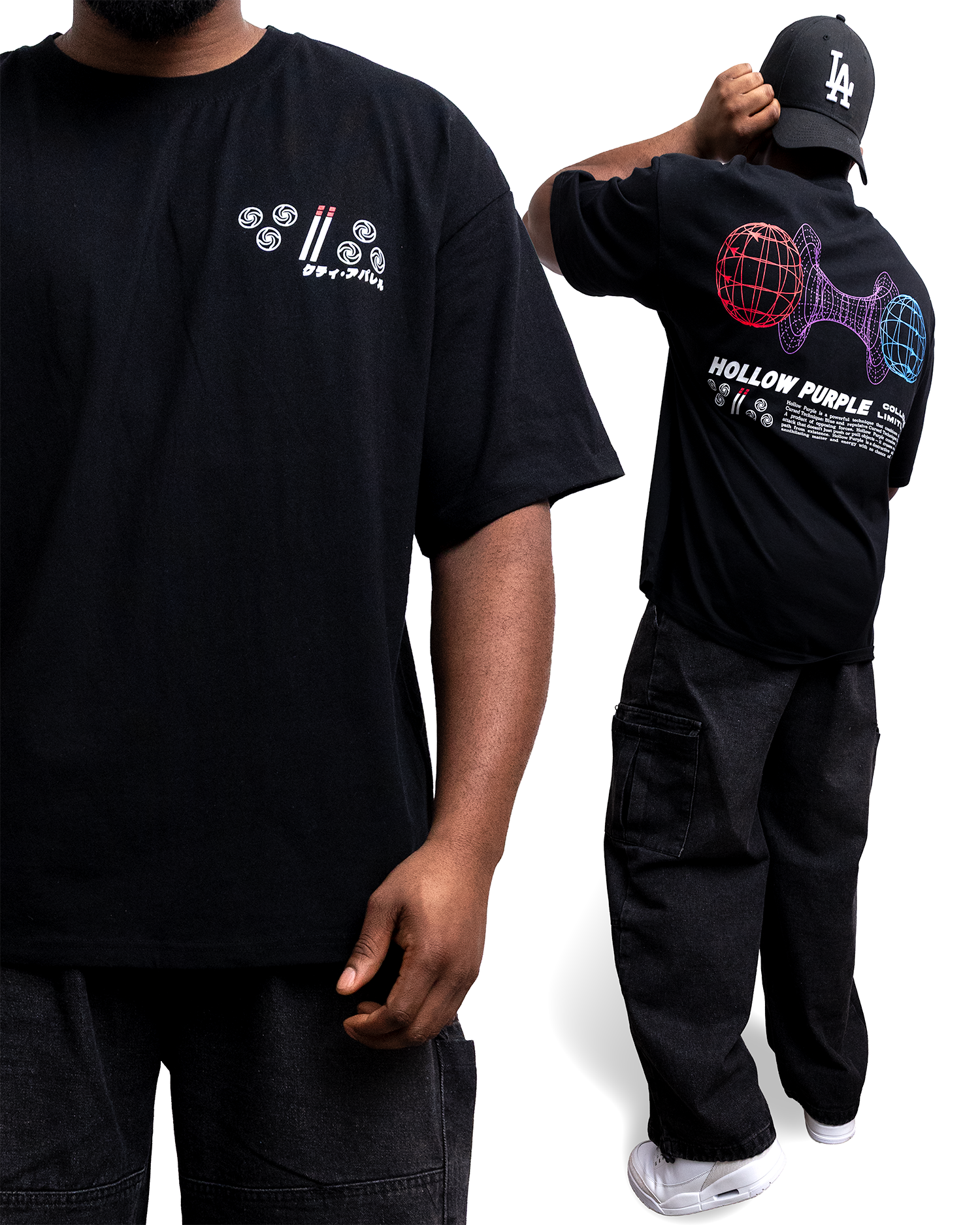 Two people wearing black t-shirts with colorful graphics on a white background