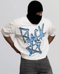 Person wearing a white t-shirt with a blue graphic design on a plain background option1_white