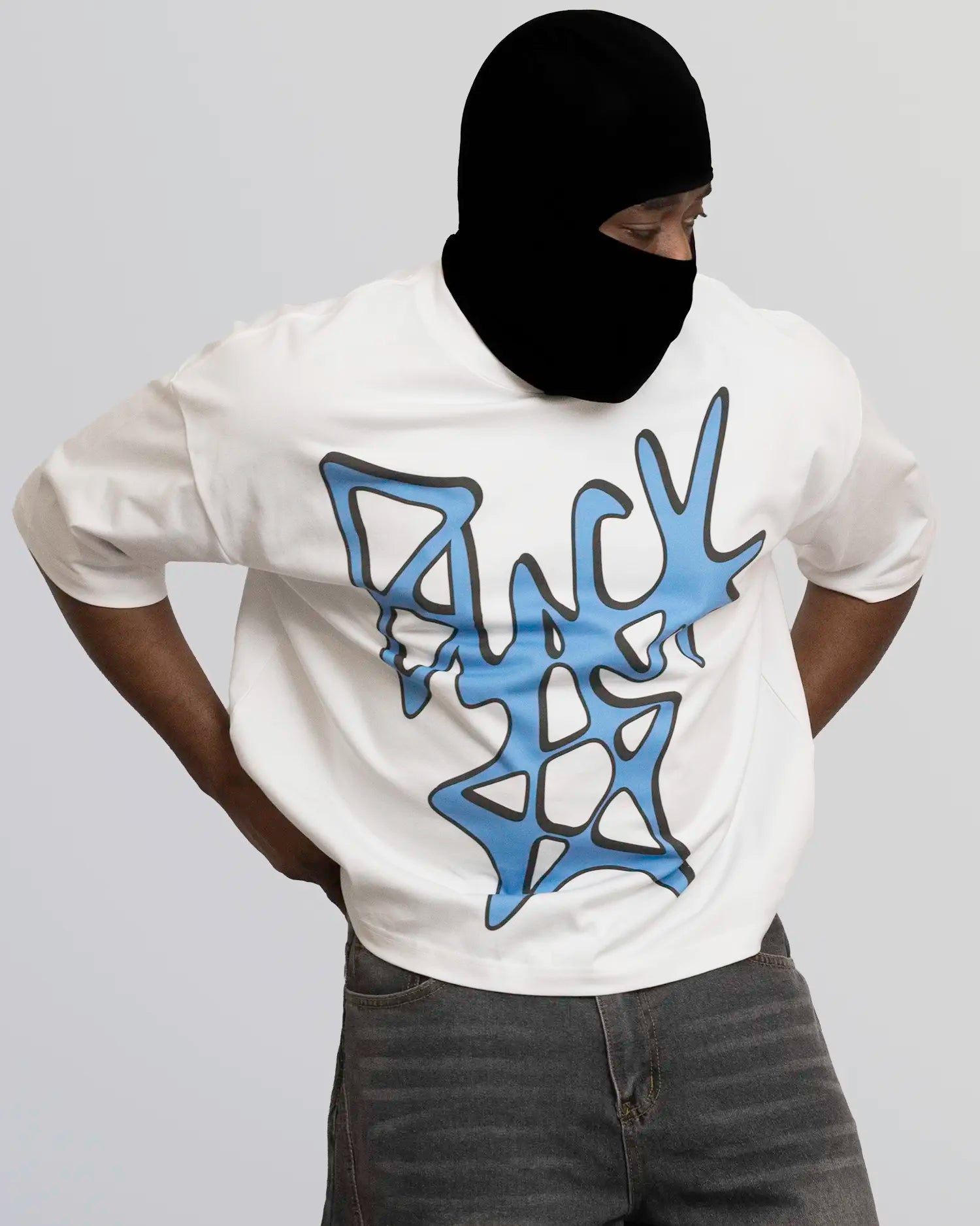 Person wearing a white t-shirt with a blue graphic design on a plain background option1_white