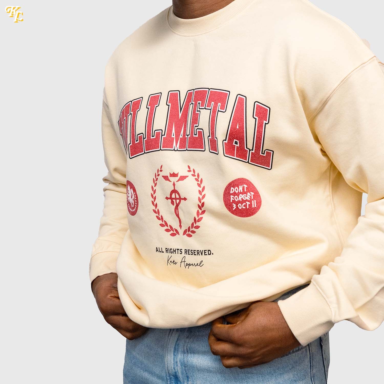 Beige sweatshirt with red 'FULLMETAL' text and graphics on a plain background option1_beige