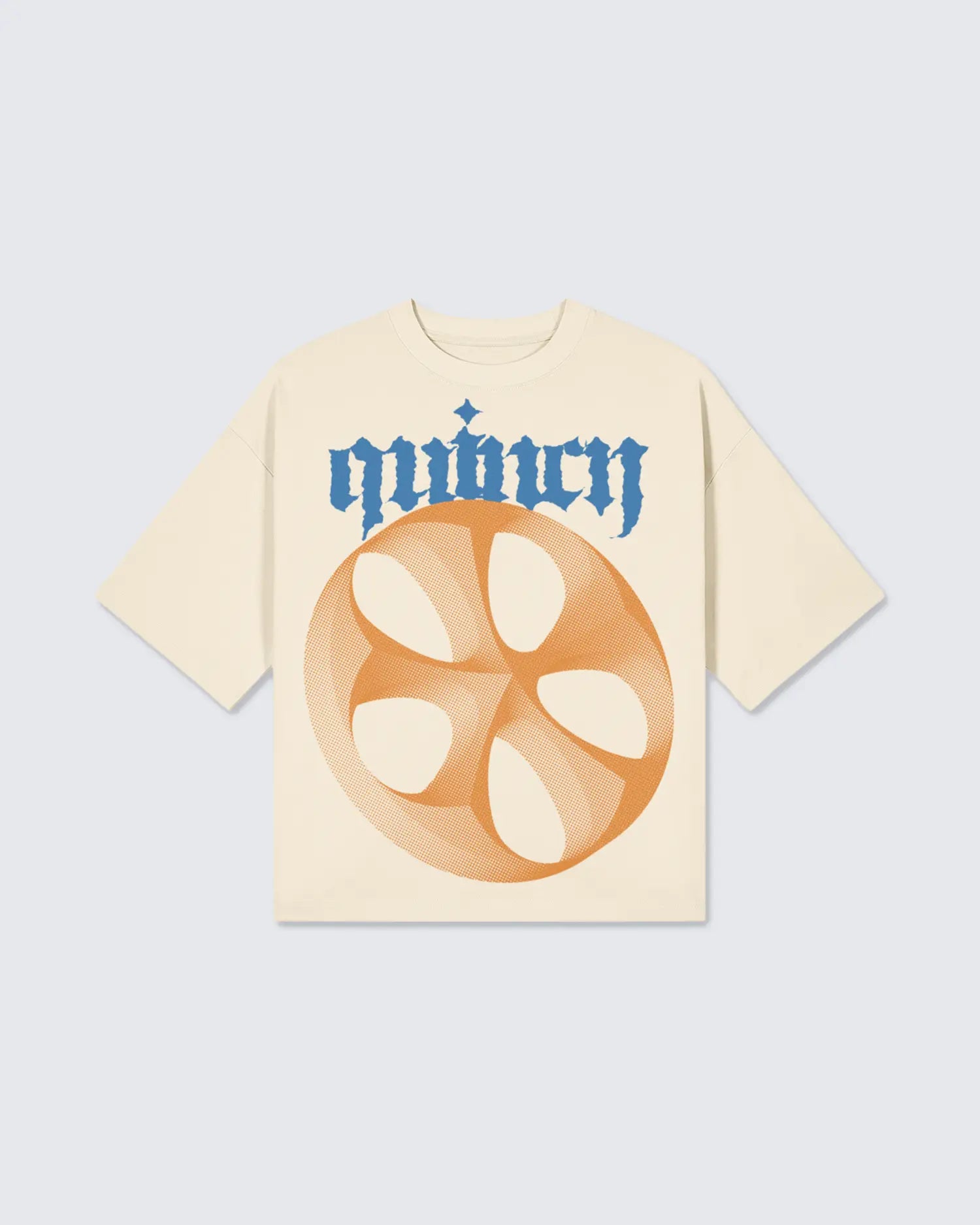 Beige t-shirt with orange circular design and blue text on a light gray background option1_beige