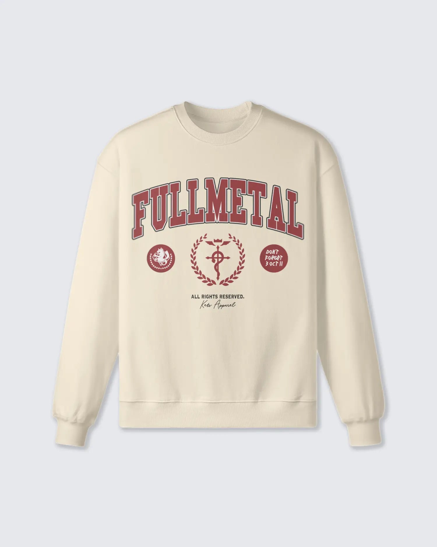 Beige sweatshirt with 'Fullmetal' text and graphics on a light gray background option1_beige