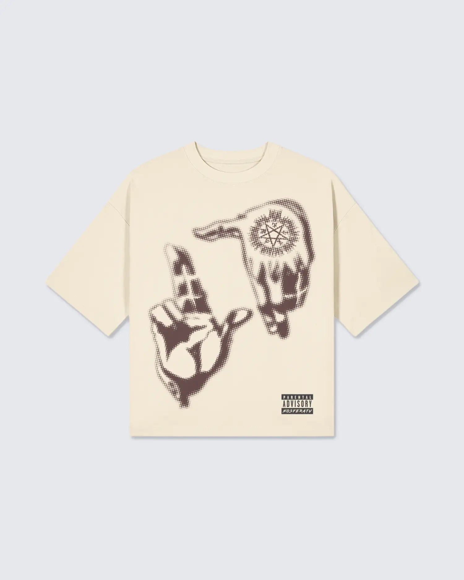 Beige t-shirt with graphic design on a light gray background option1_beige