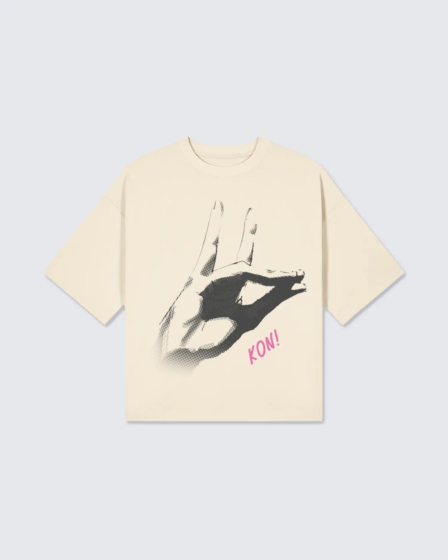 Beige t-shirt with graphic design and text on a light gray background option1_beige