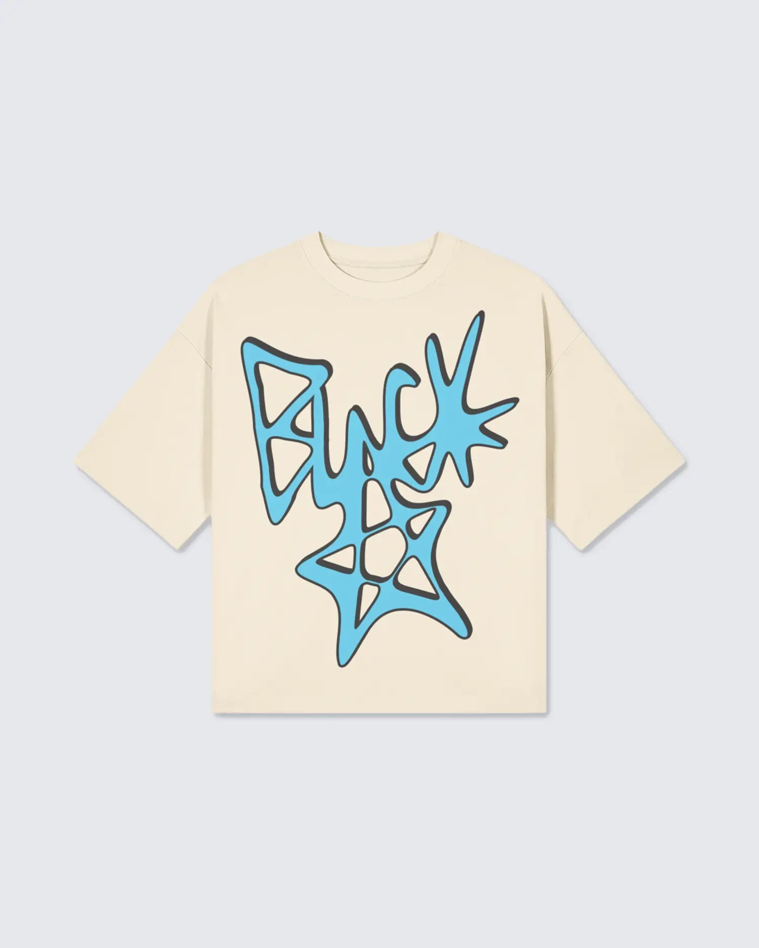 White t-shirt with blue abstract design on a light gray background option1_beige