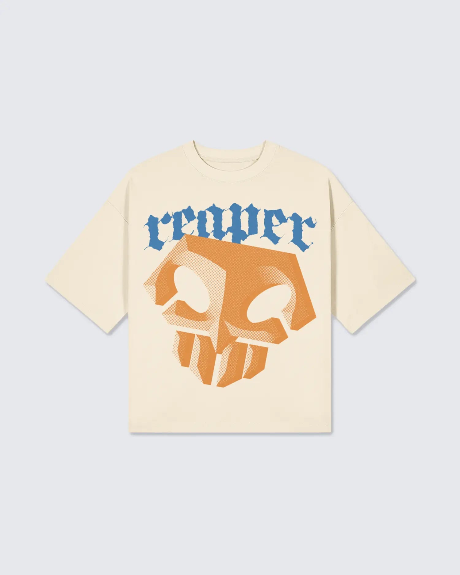 Beige t-shirt with a skull design and 'reaper' text on a light gray background option1_beige