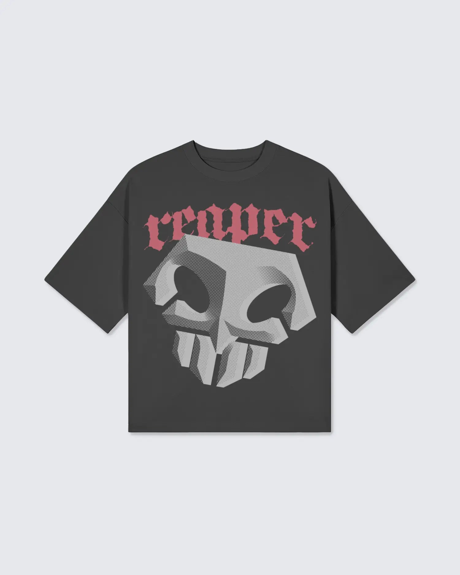 Black t-shirt with a skull design and 'reaper' text on a light gray background option1_black