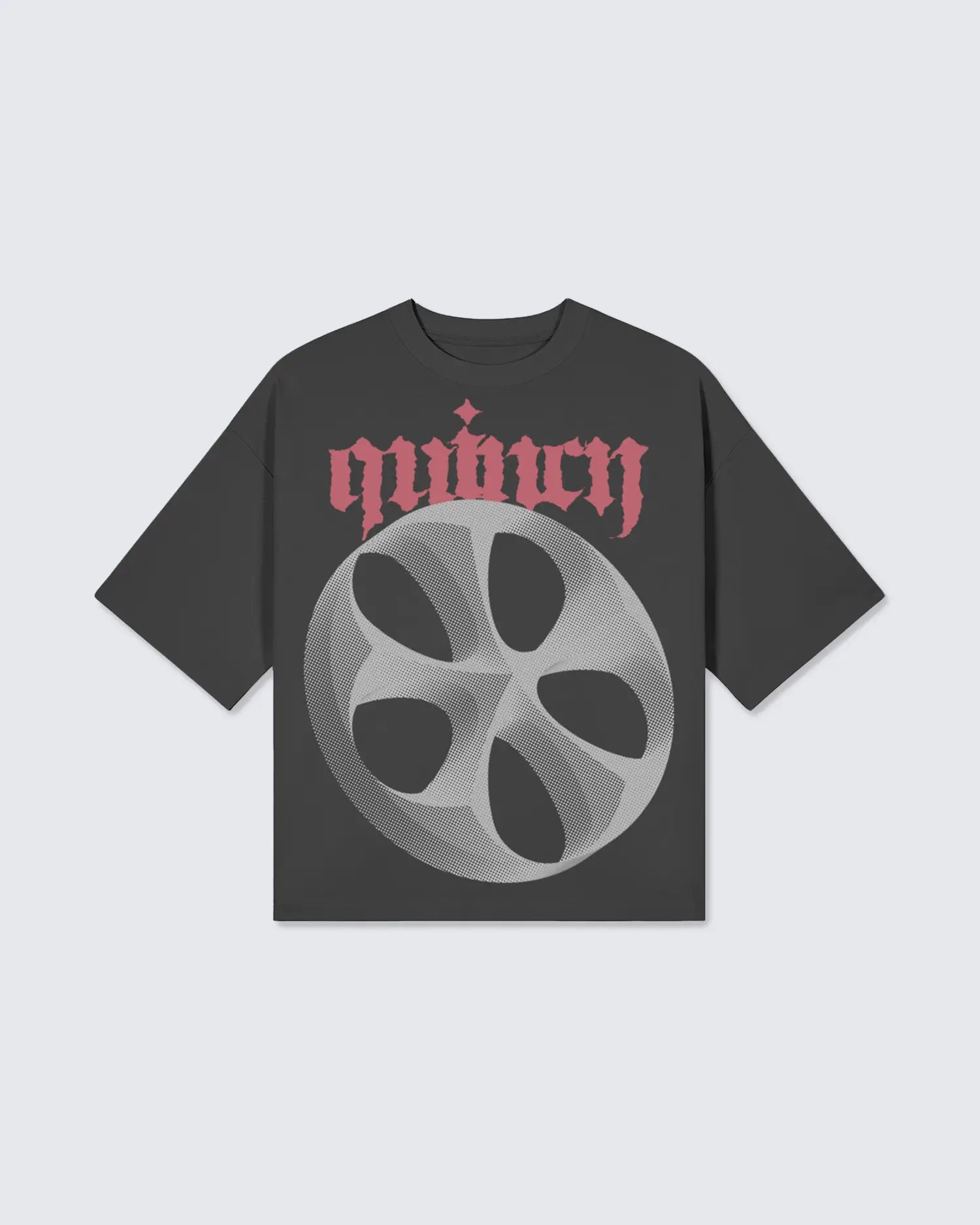 Black t-shirt with a gray wheel graphic and red text on a light gray background option1_black