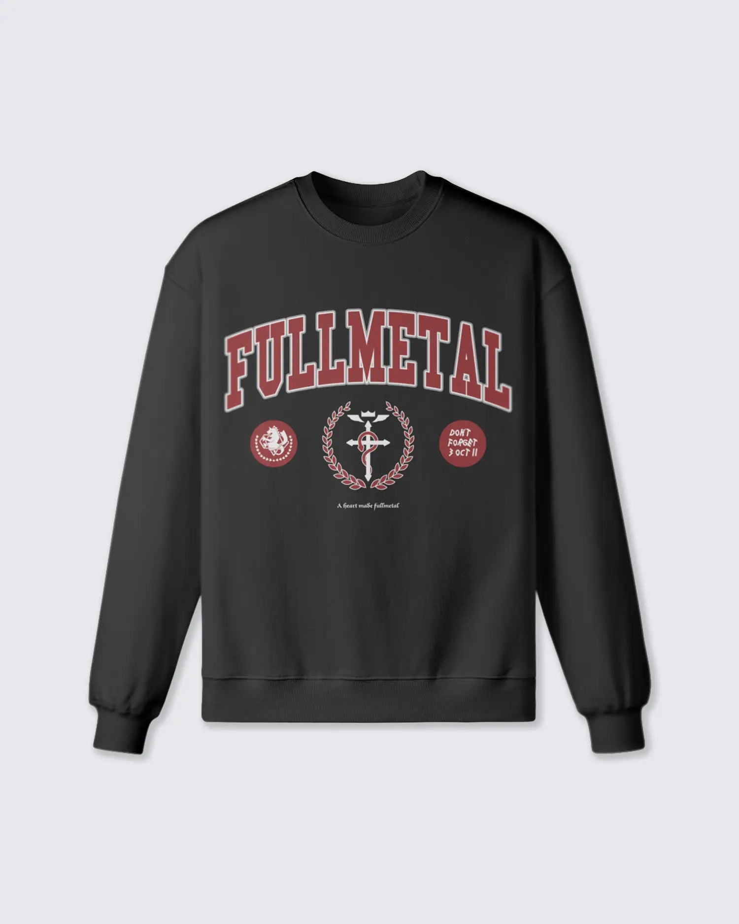 Black sweatshirt with 'FULLMETAL' text and logos on a light gray background option1_black