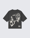 Black t-shirt with white graphic design on a light gray background option1_black