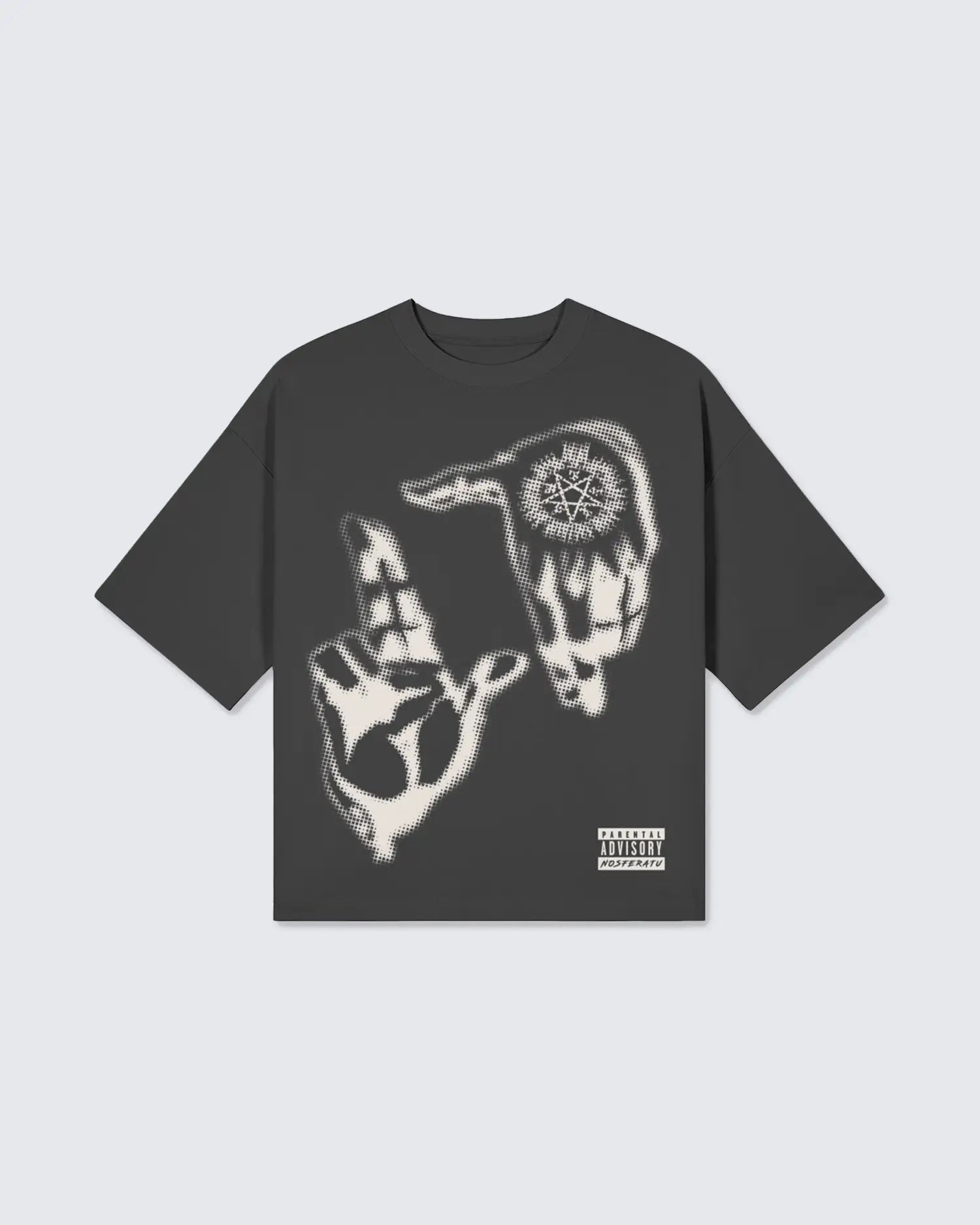 Black t-shirt with white graphic design on a light gray background option1_black