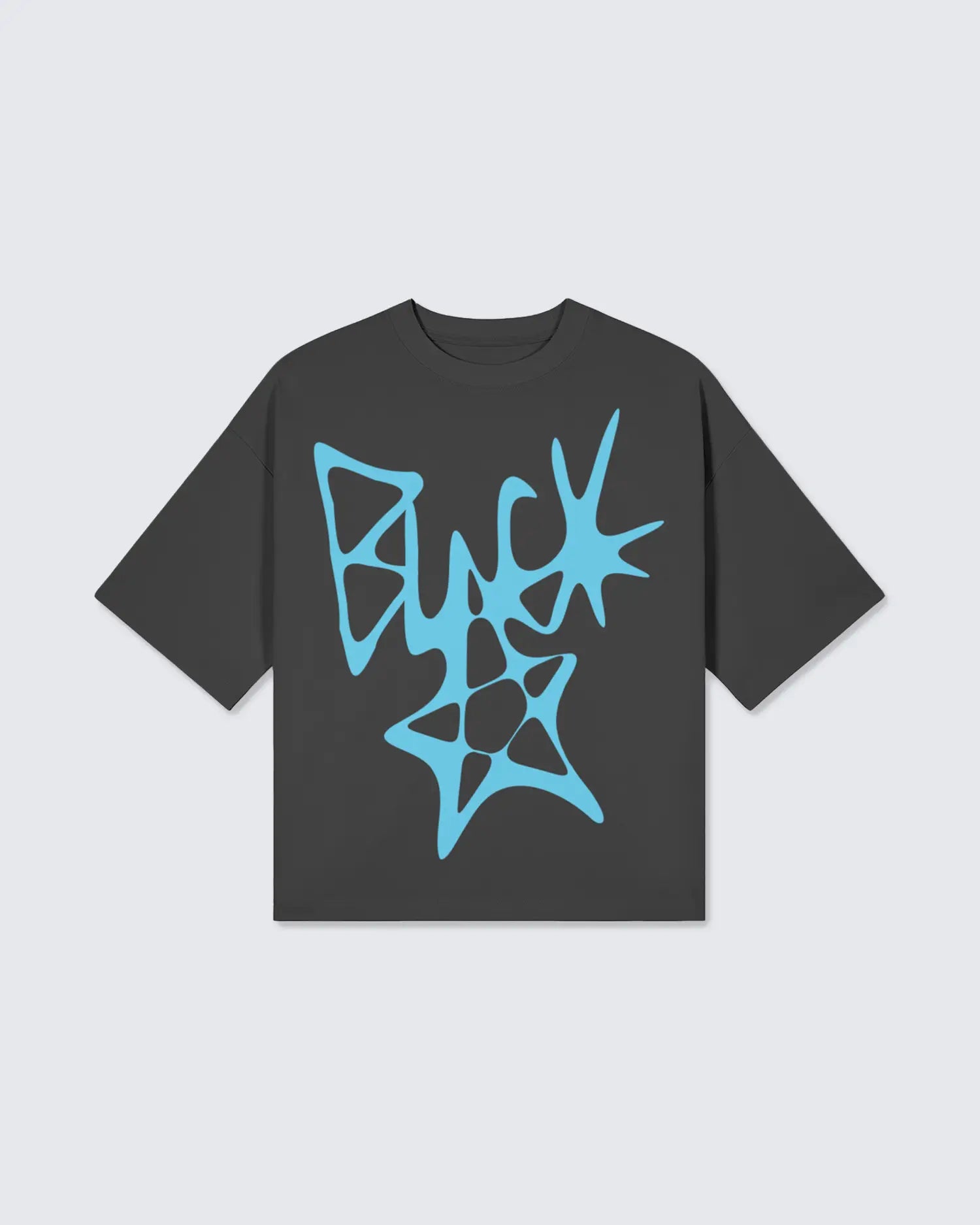 White t-shirt with blue abstract design on a light gray background option1_black