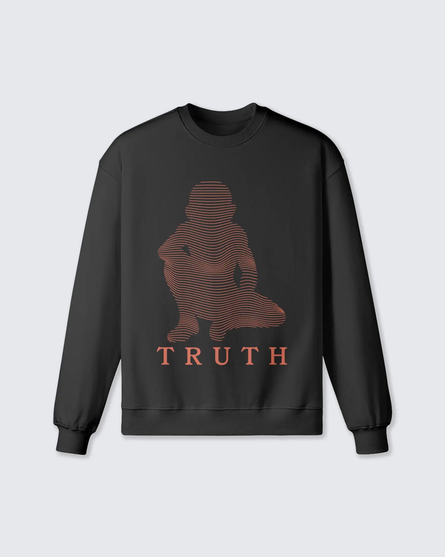 Black sweatshirt with brown graphic and 'TRUTH' text on a light gray background option1_black