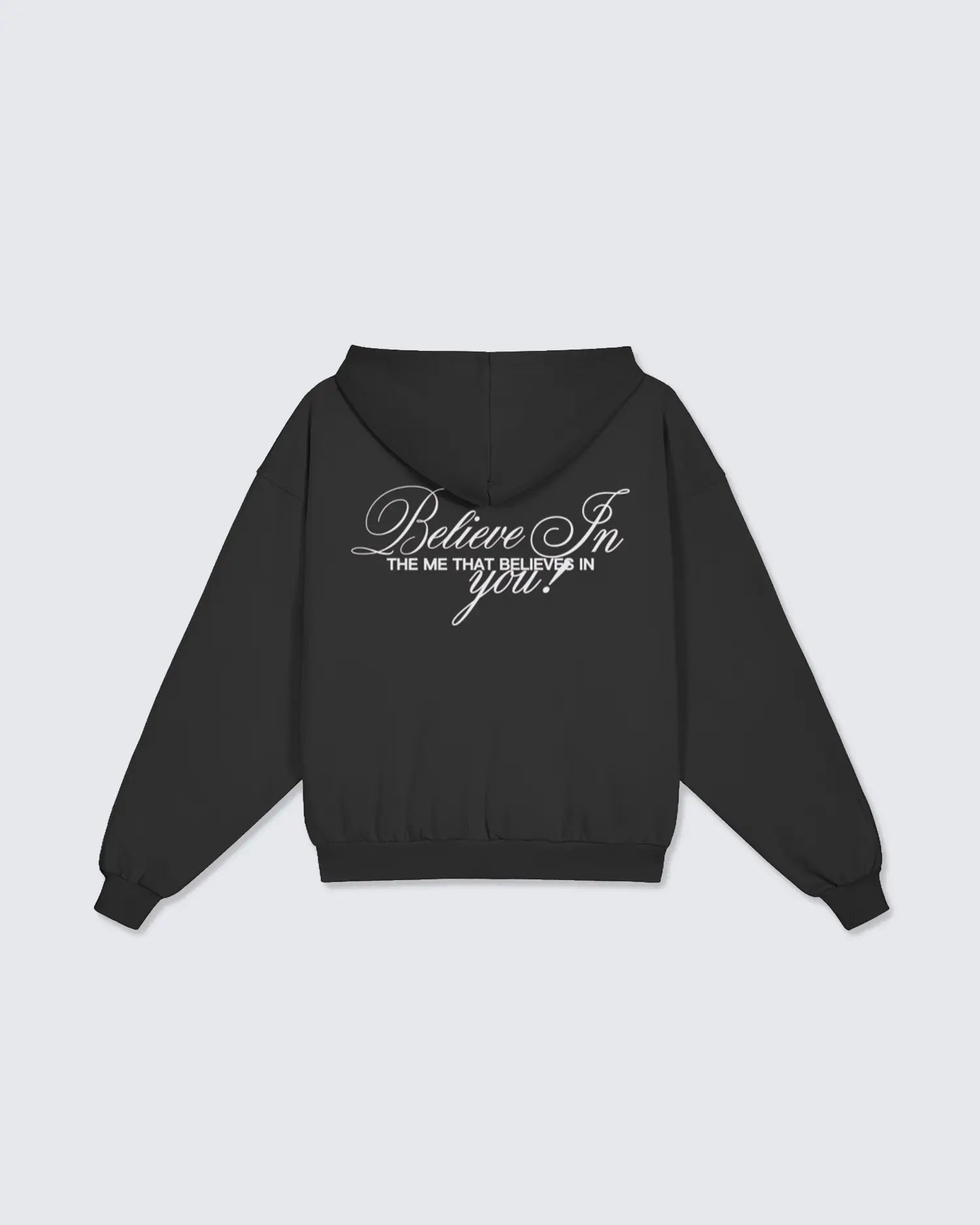 Black hoodie with text on the back against a light gray background option1_zip-up option2_black