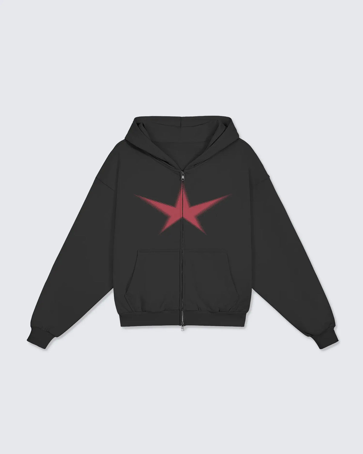 Black hoodie with a red star design on a light gray background option1_zip-up option2_black