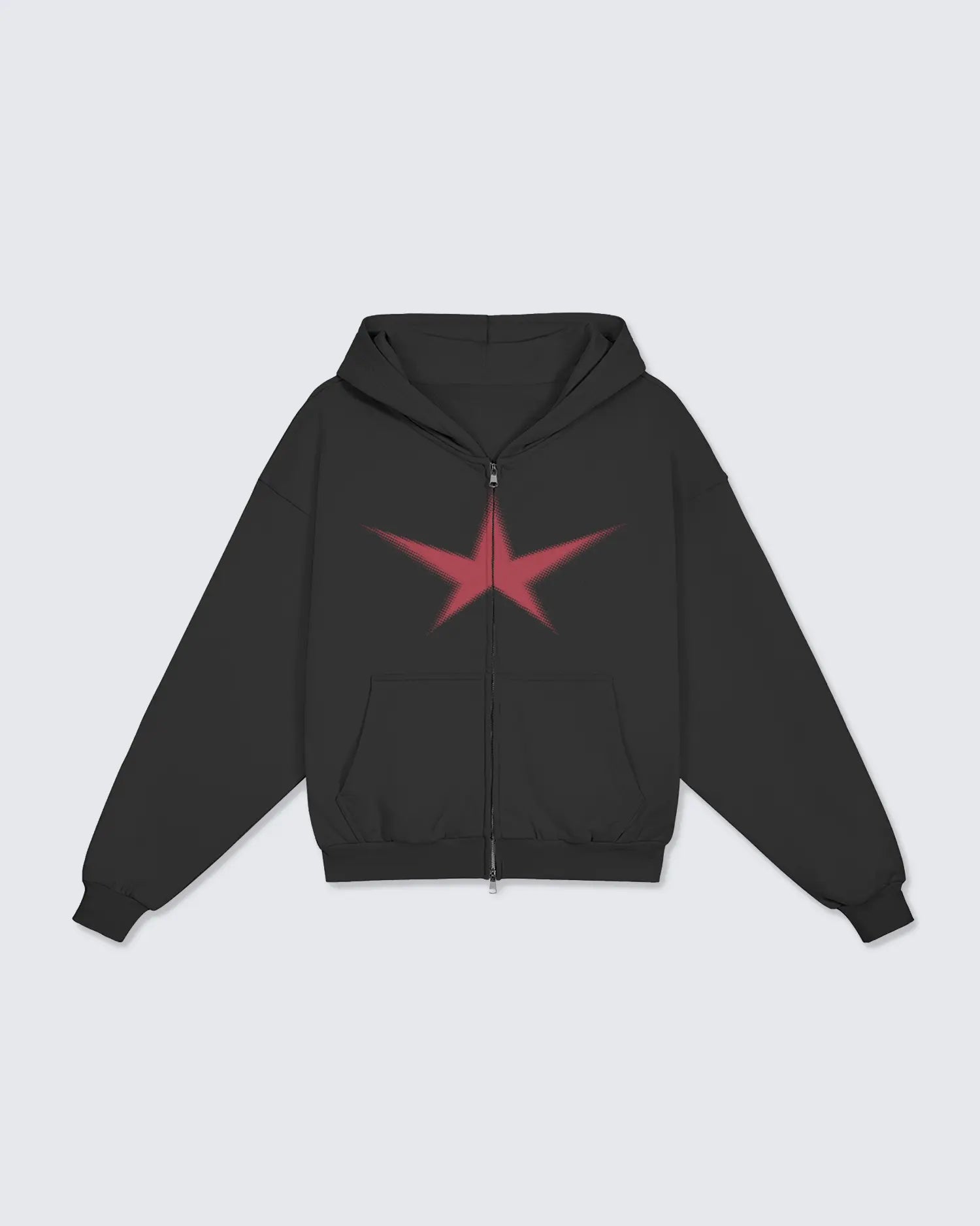 Black hoodie with a red star design on a light gray background option1_zip-up option2_black