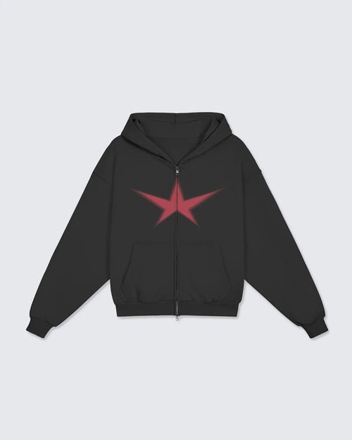 Black hoodie with a red star design on a light gray background option1_zip-up option2_black