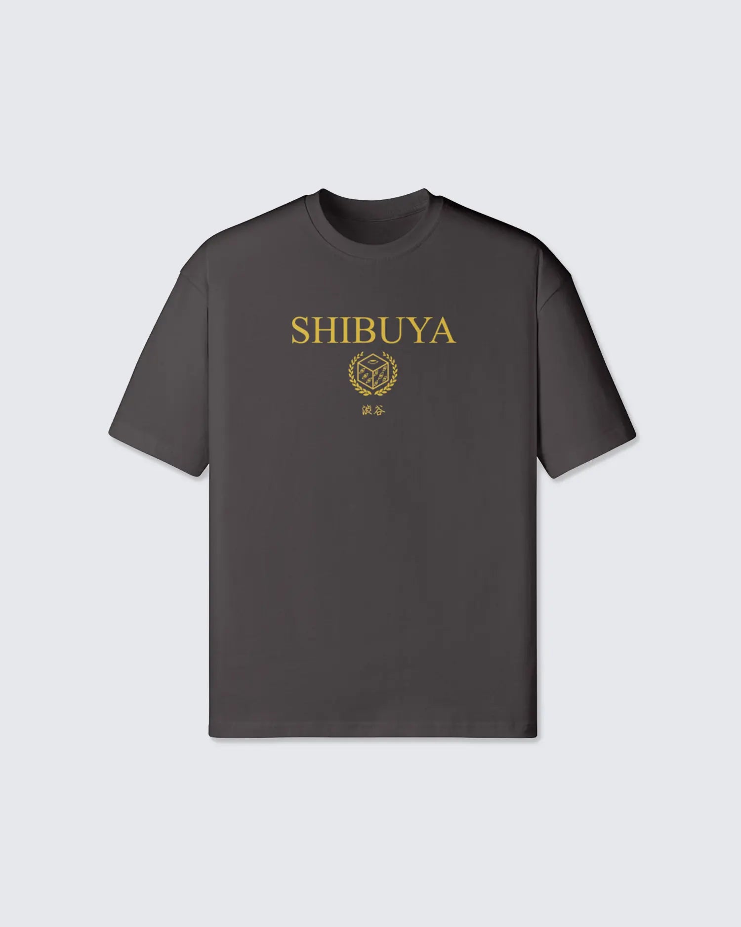 Gray t-shirt with 'SHIBUYA' printed in gold on a light gray background option1_dark-gray