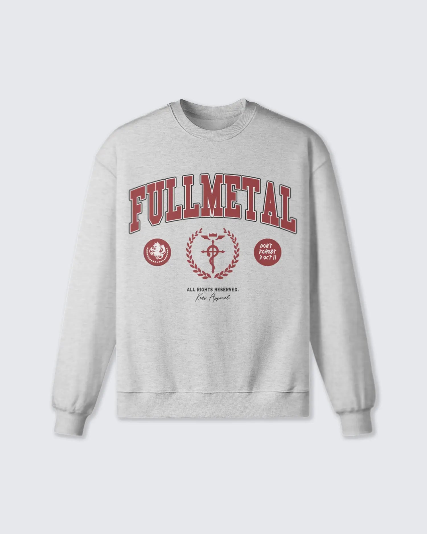 Gray sweatshirt with 'Fullmetal' text and design on a white background option1_light-gray