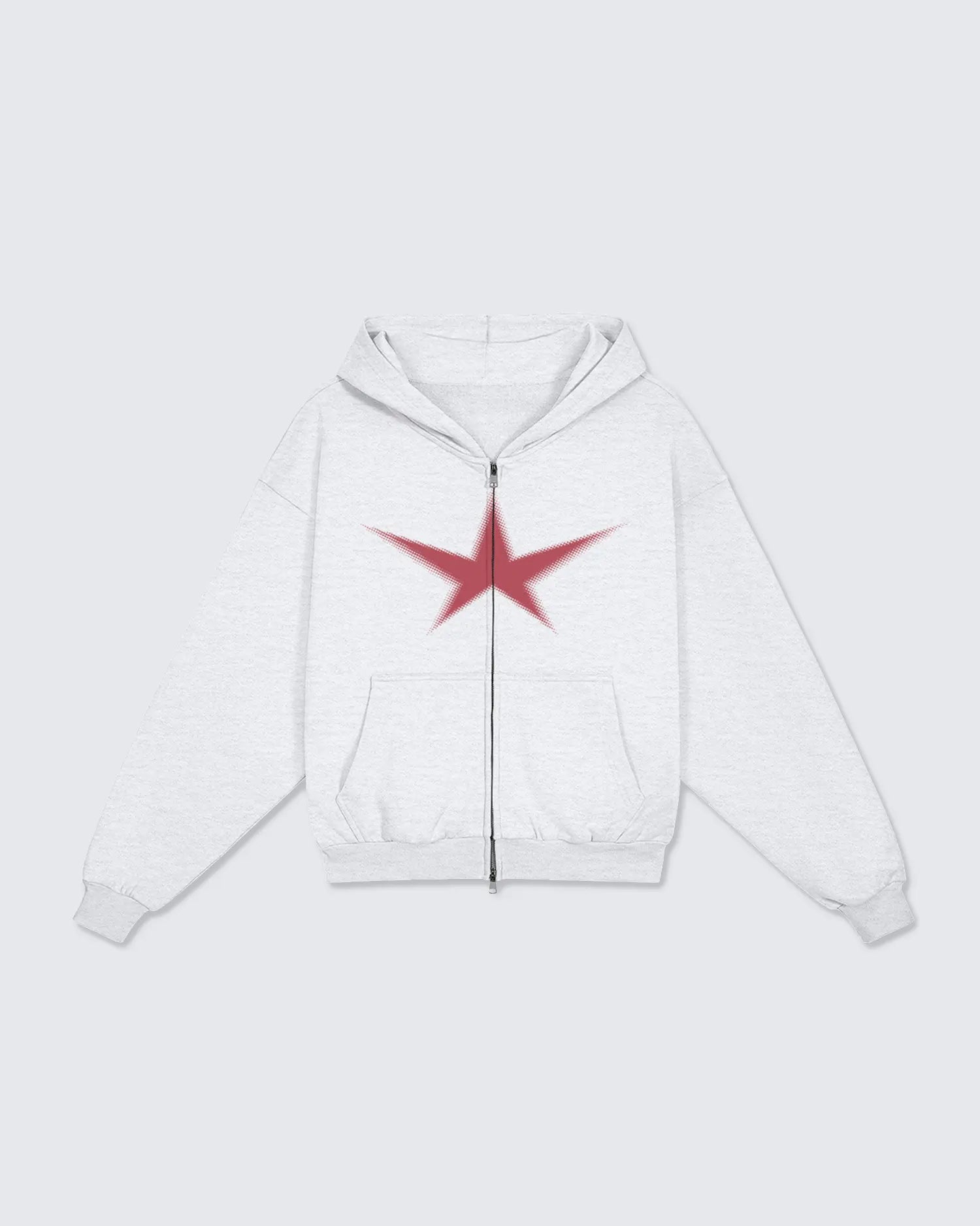 White hoodie with a red star design on a white background option1_zip-up option2_light-gray