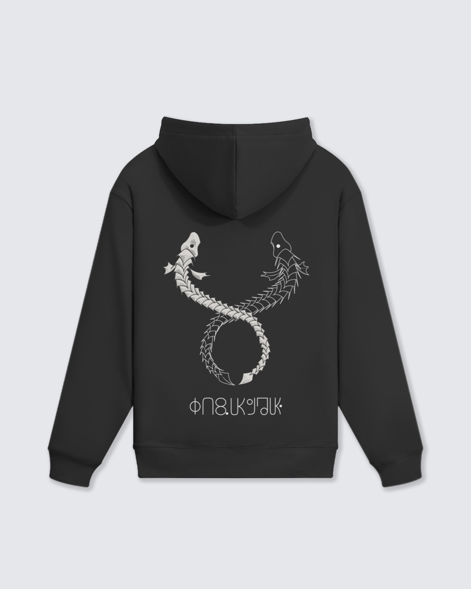 Black hoodie with white snake design and text on a light gray background