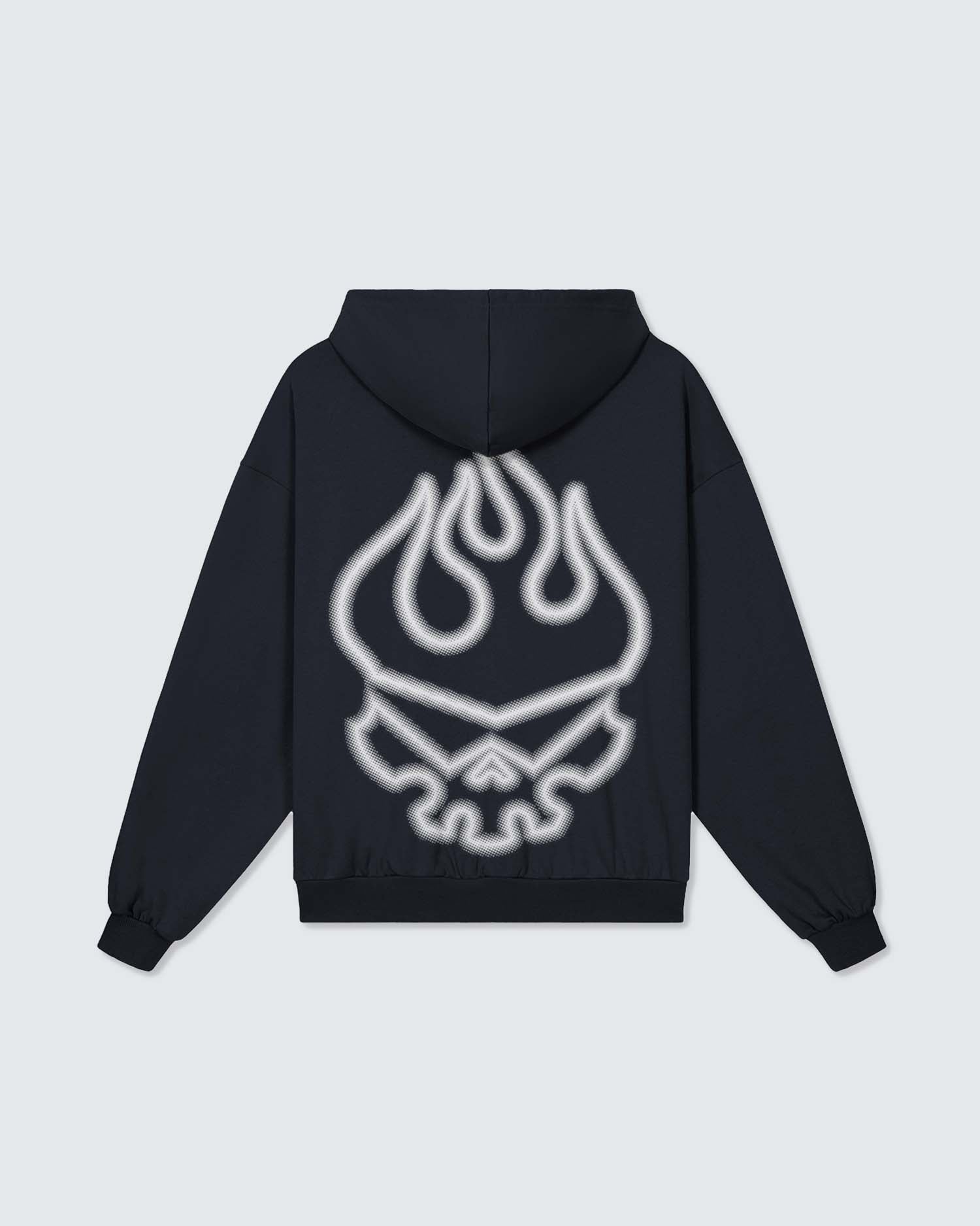 Black hoodie with a white graphic design on the back against a light gray background option1_navy