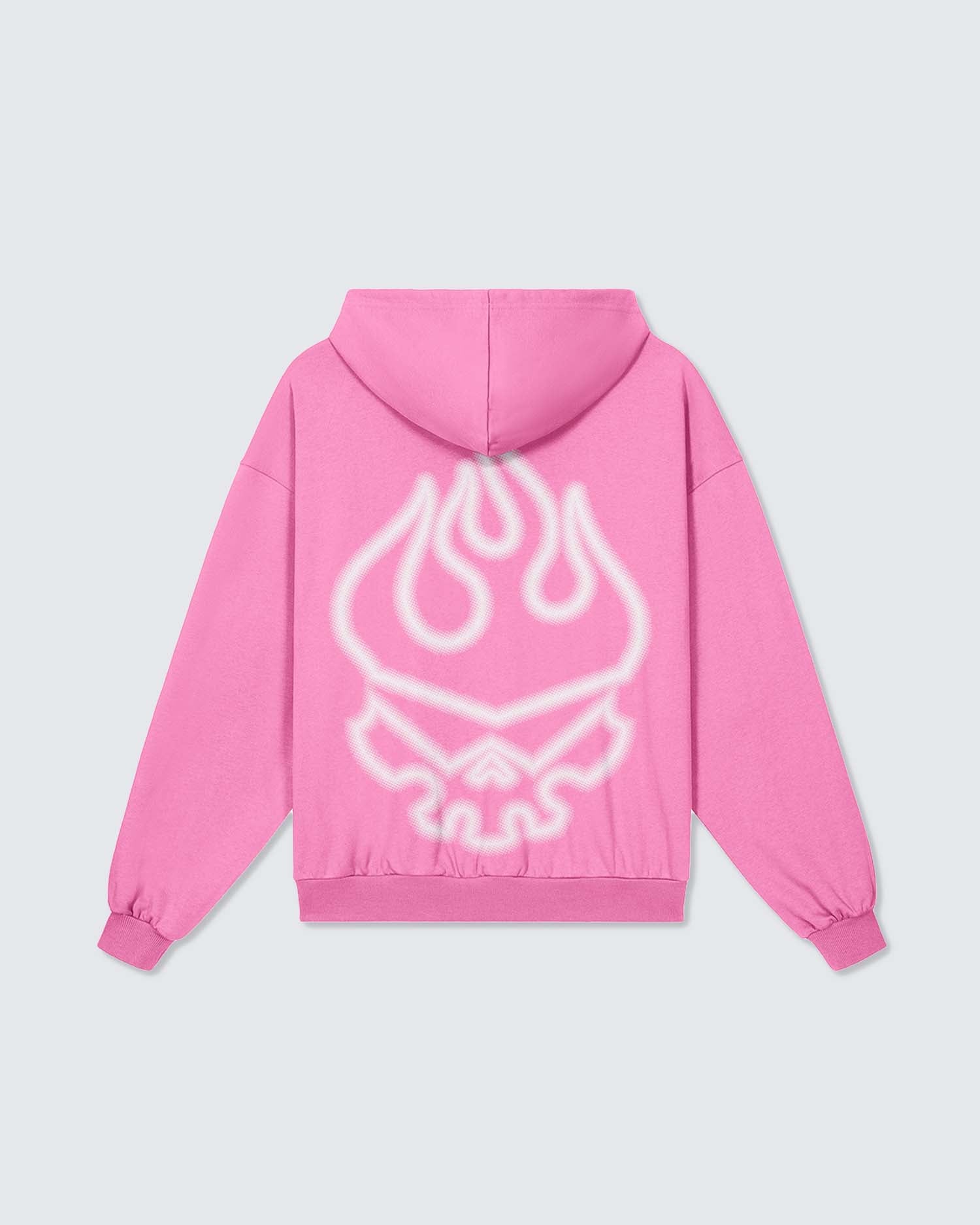 Pink hoodie with a white graphic on the back against a light gray background option1_Pink