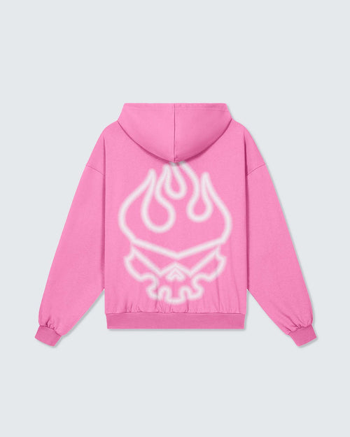 Pink hoodie with a white graphic on the back against a light gray background option1_Pink