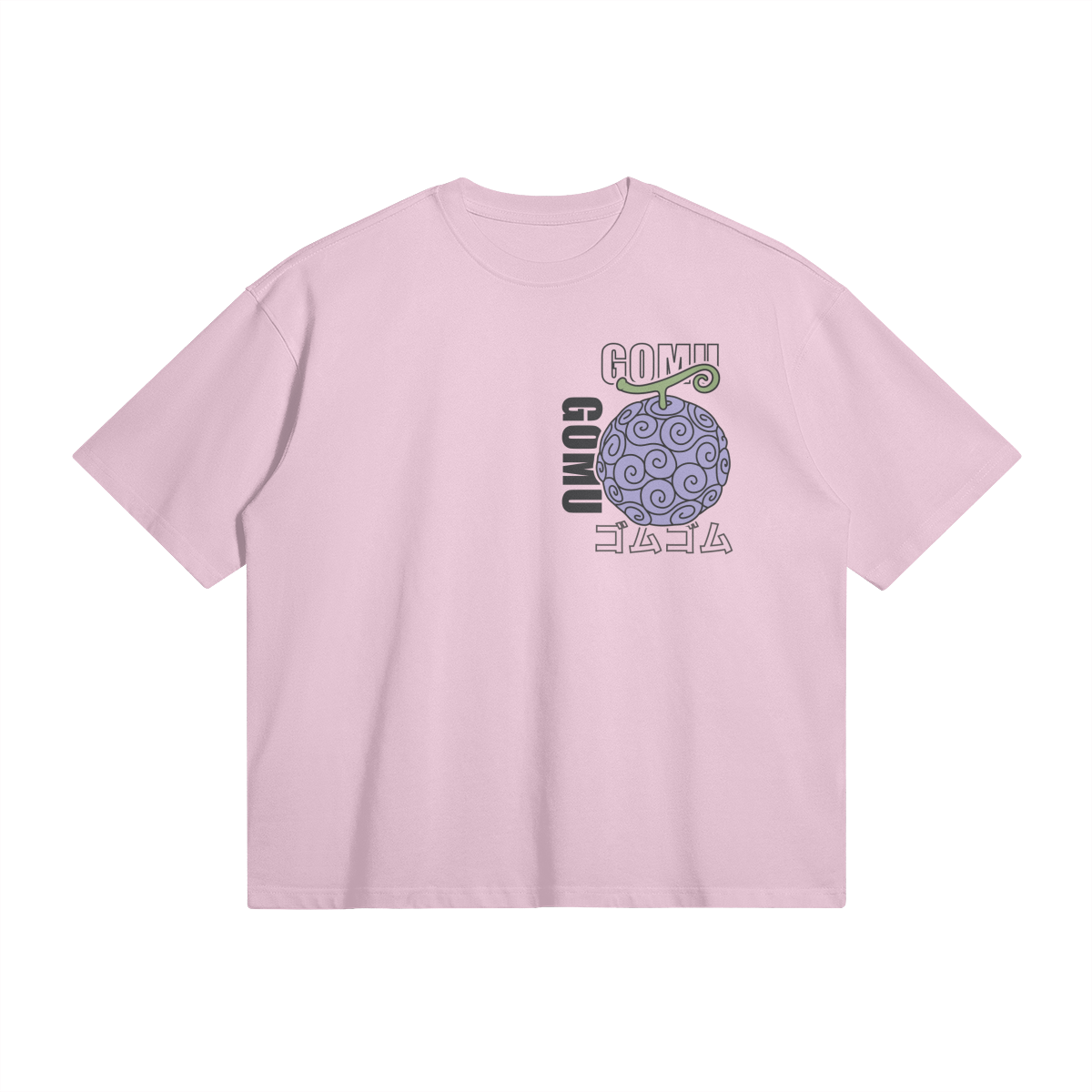 Flat lay of front of pink t-shirt with pocket graphic of artistic depiction of fruit inspired by the Gum Gum devil fruit