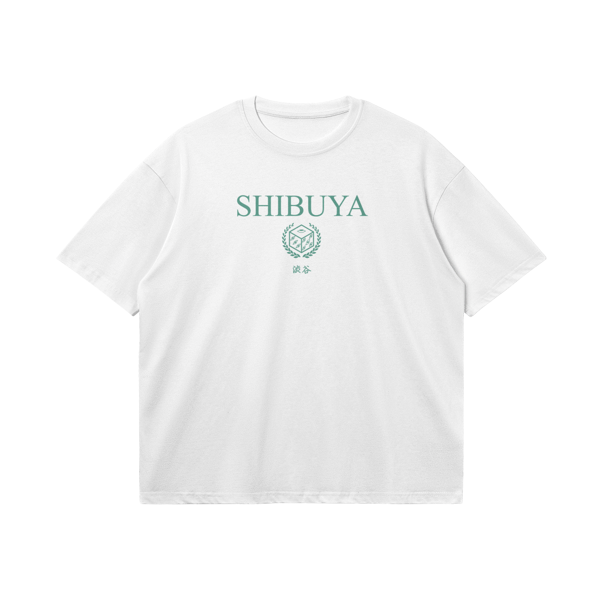 Flat lay of front of white t-shirt with chest graphic of word “shibuya” and graphic of cursed tool prison realm