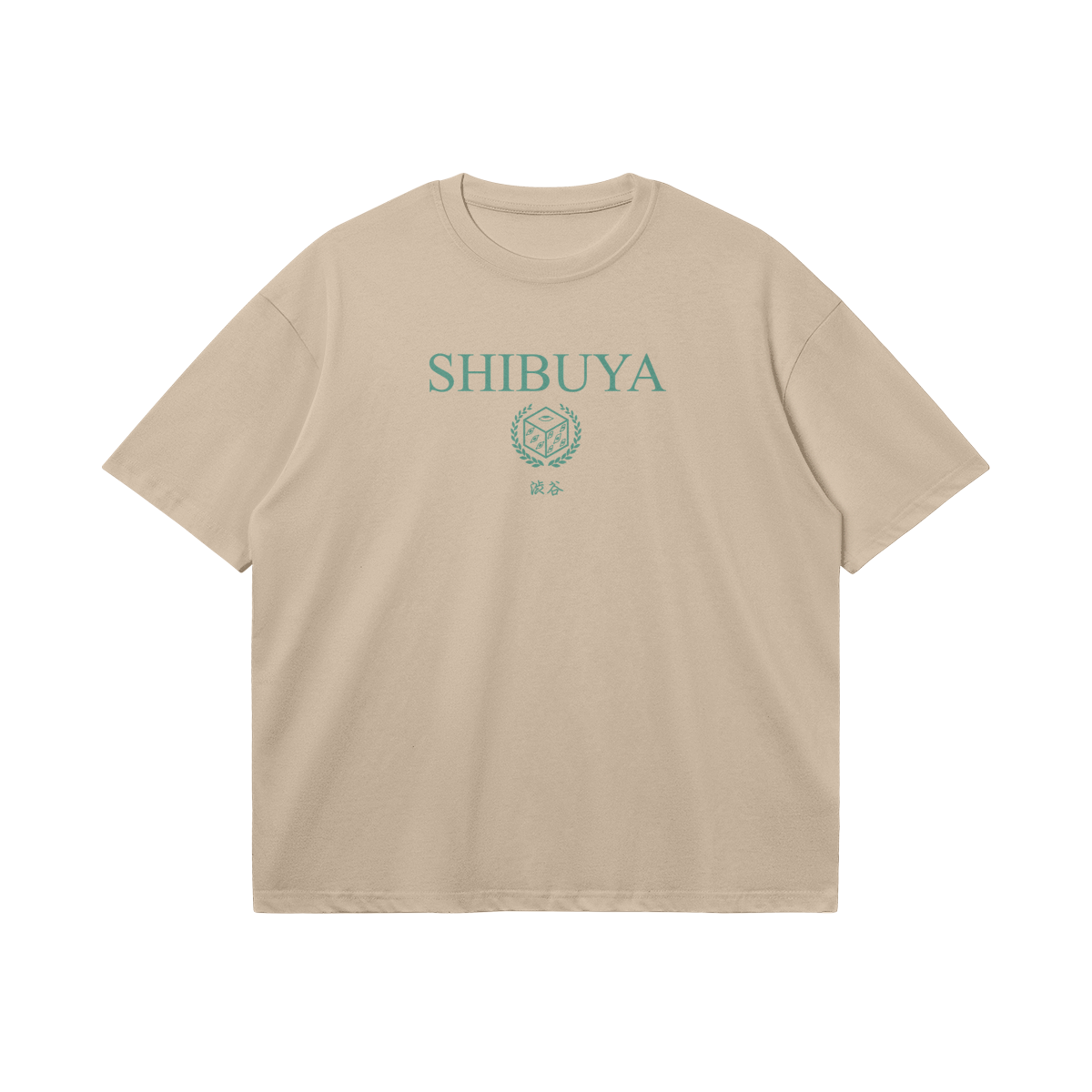 Flat lay of front of beige t-shirt with chest graphic of word “shibuya” and graphic of cursed tool prison realm