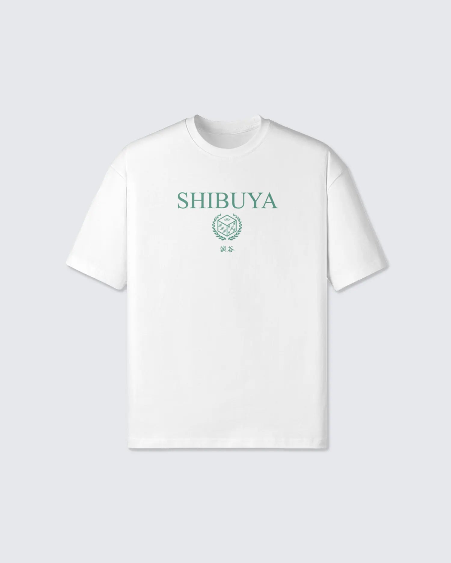 White t-shirt with 'SHIBUYA' text and logo on a light gray background option1_white