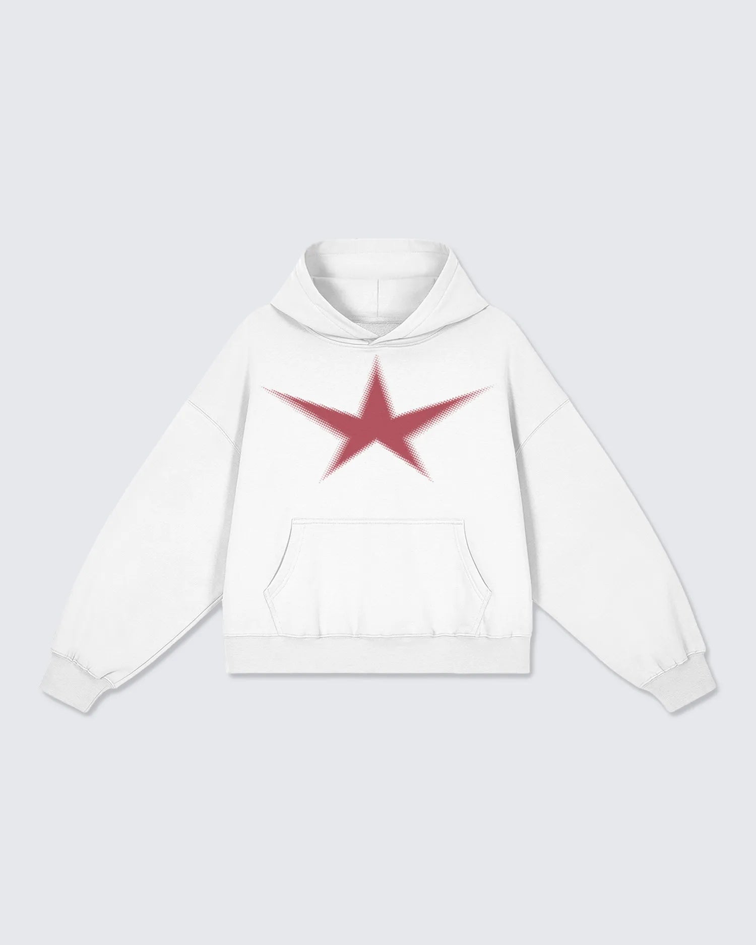 White hoodie with a red star design on a light gray background