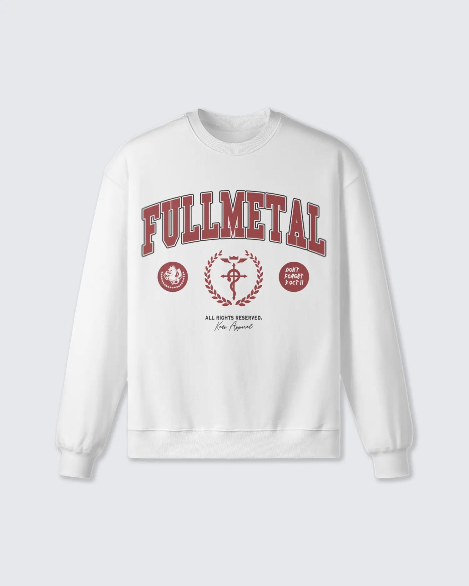 White sweatshirt with 'Fullmetal' text and graphics on a light gray background option1_white