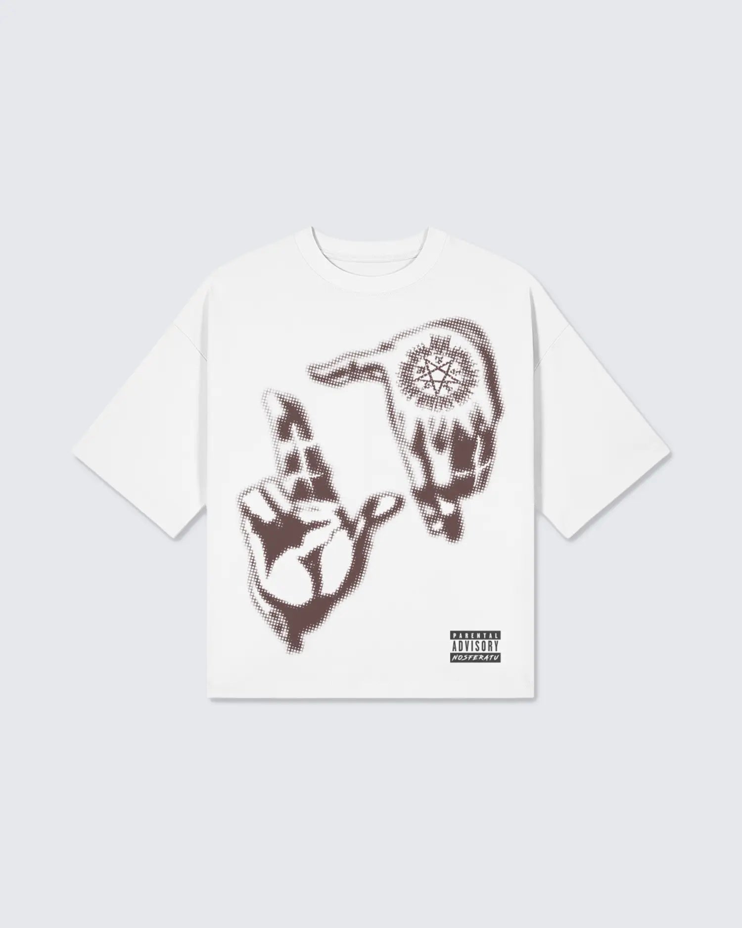 White t-shirt with brown graphic design on a white background option1_white