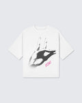 Beige t-shirt with graphic design and text on a light gray background option1_white
