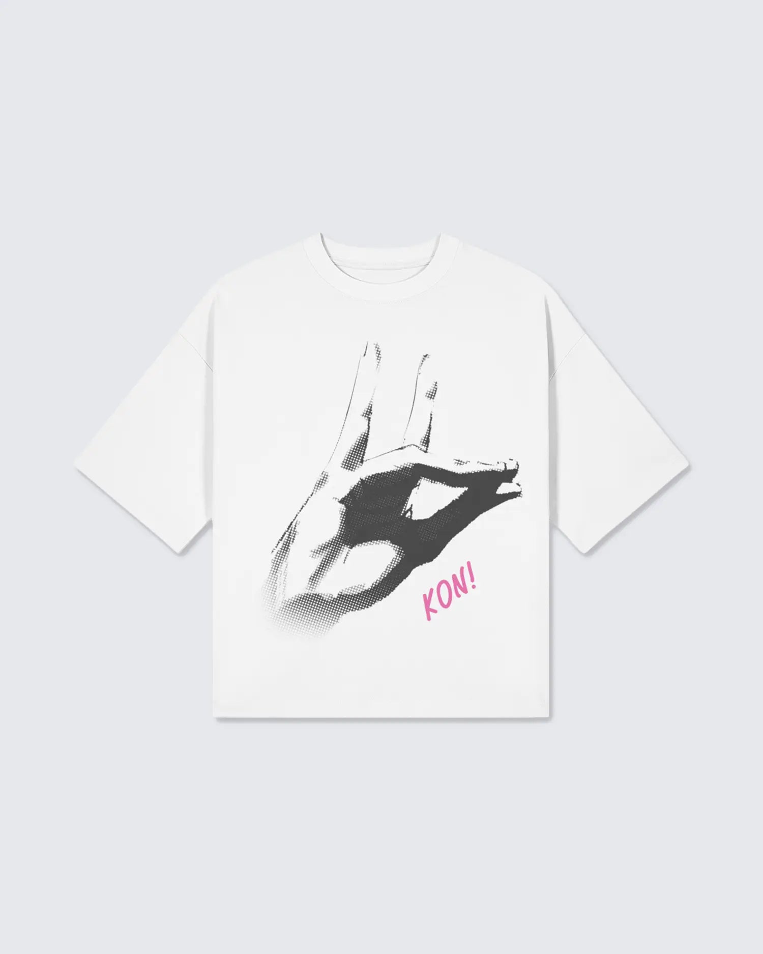 Beige t-shirt with graphic design and text on a light gray background option1_white