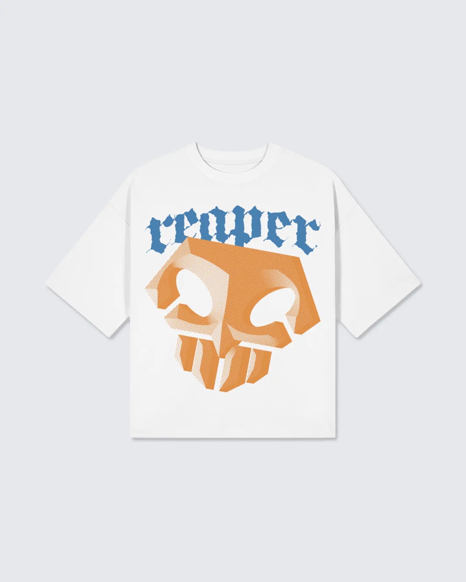 White t-shirt with a skull graphic and 'reaper' text on a light gray background option1_white