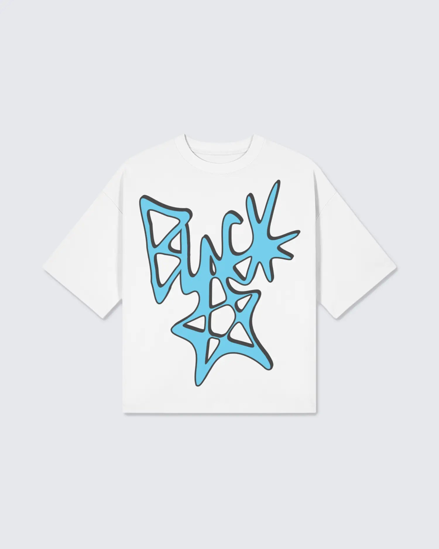 White t-shirt with blue abstract design on a light gray background option1_white