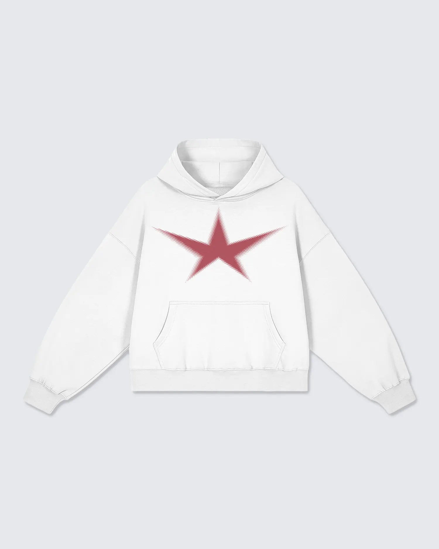 White hoodie with a red star design on a light gray background option1_pullover option2_white