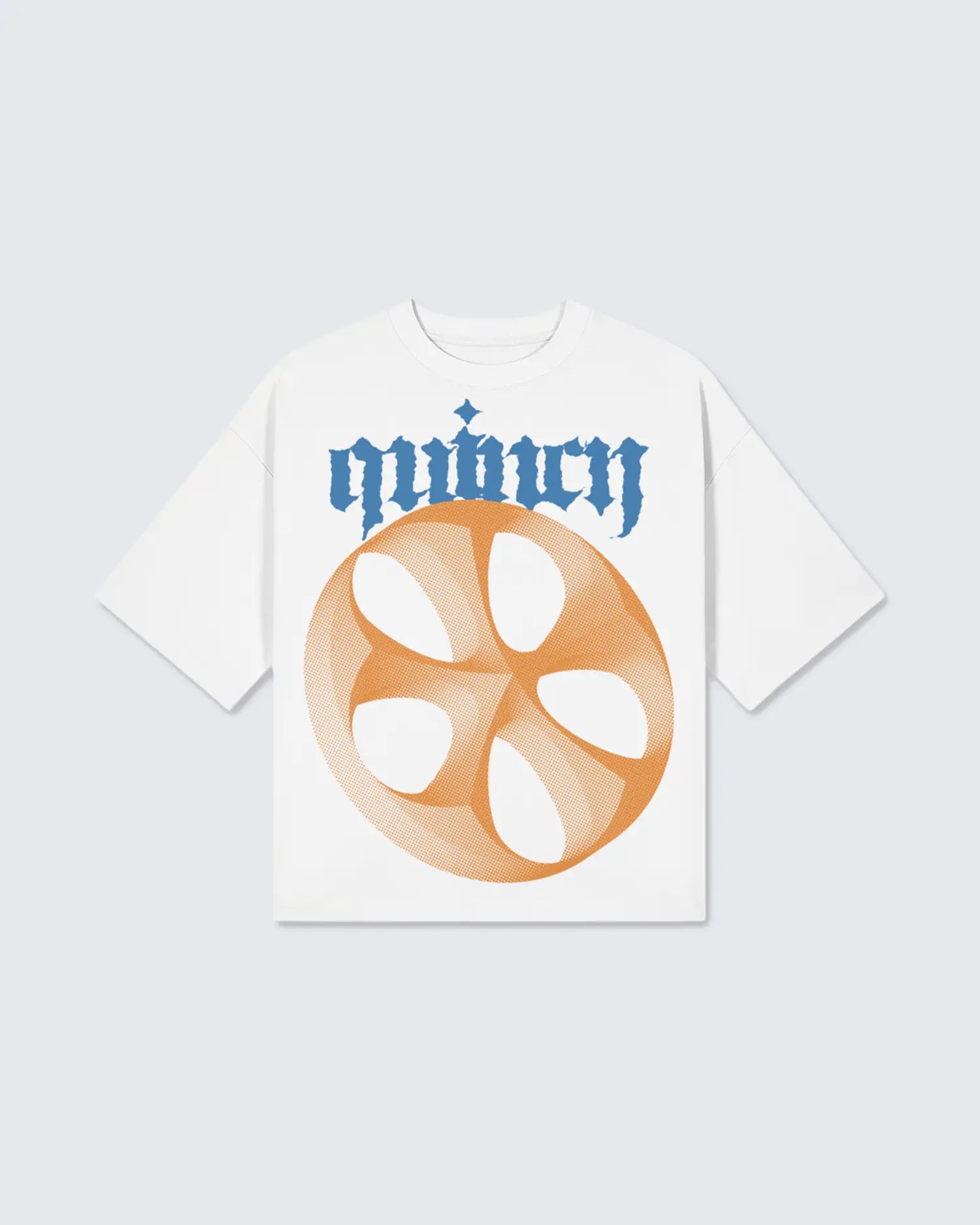 White t-shirt with orange circular design and blue text on a light gray background option1_white