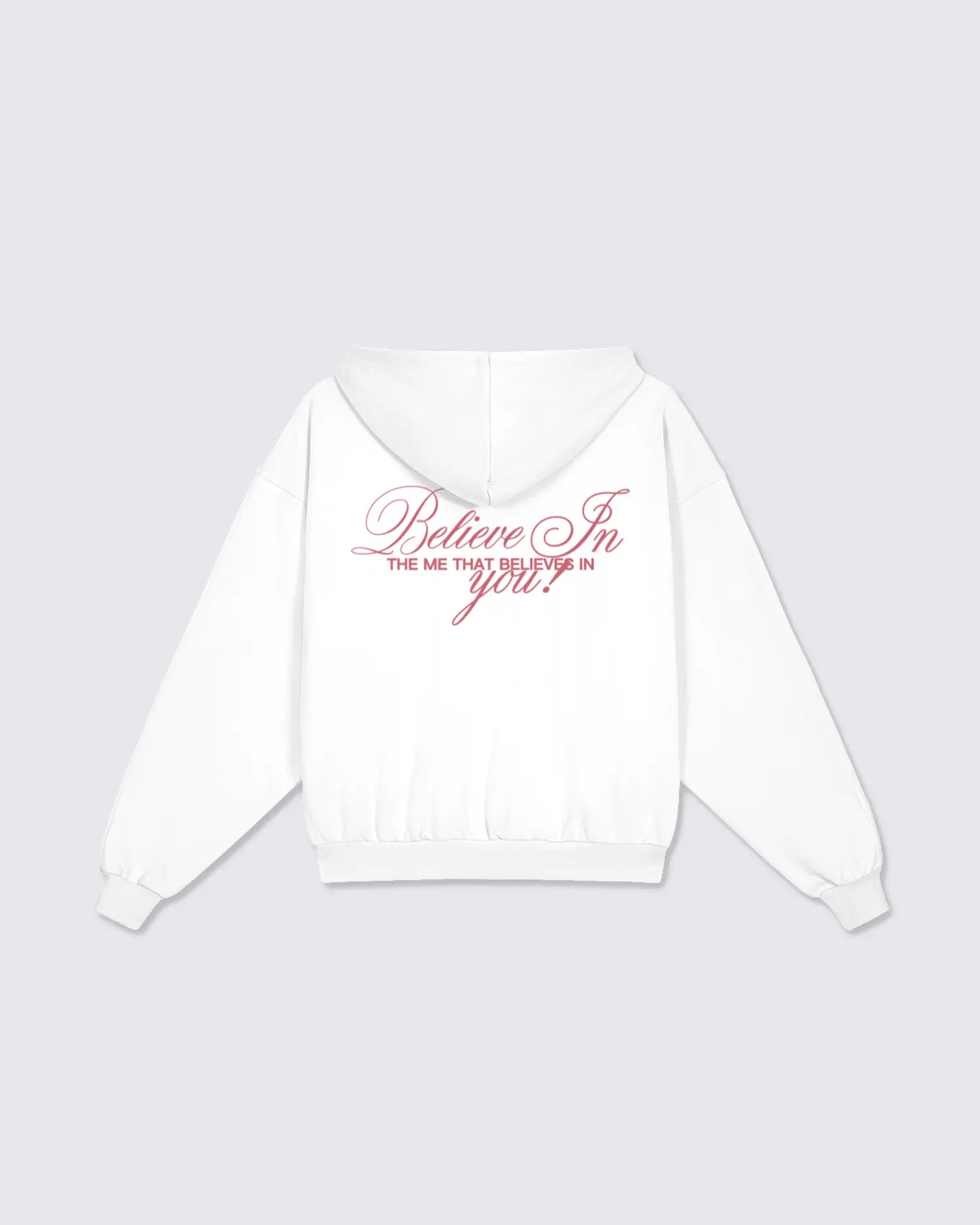 White hoodie with pink text on a light gray background option1_zip-up option2_white