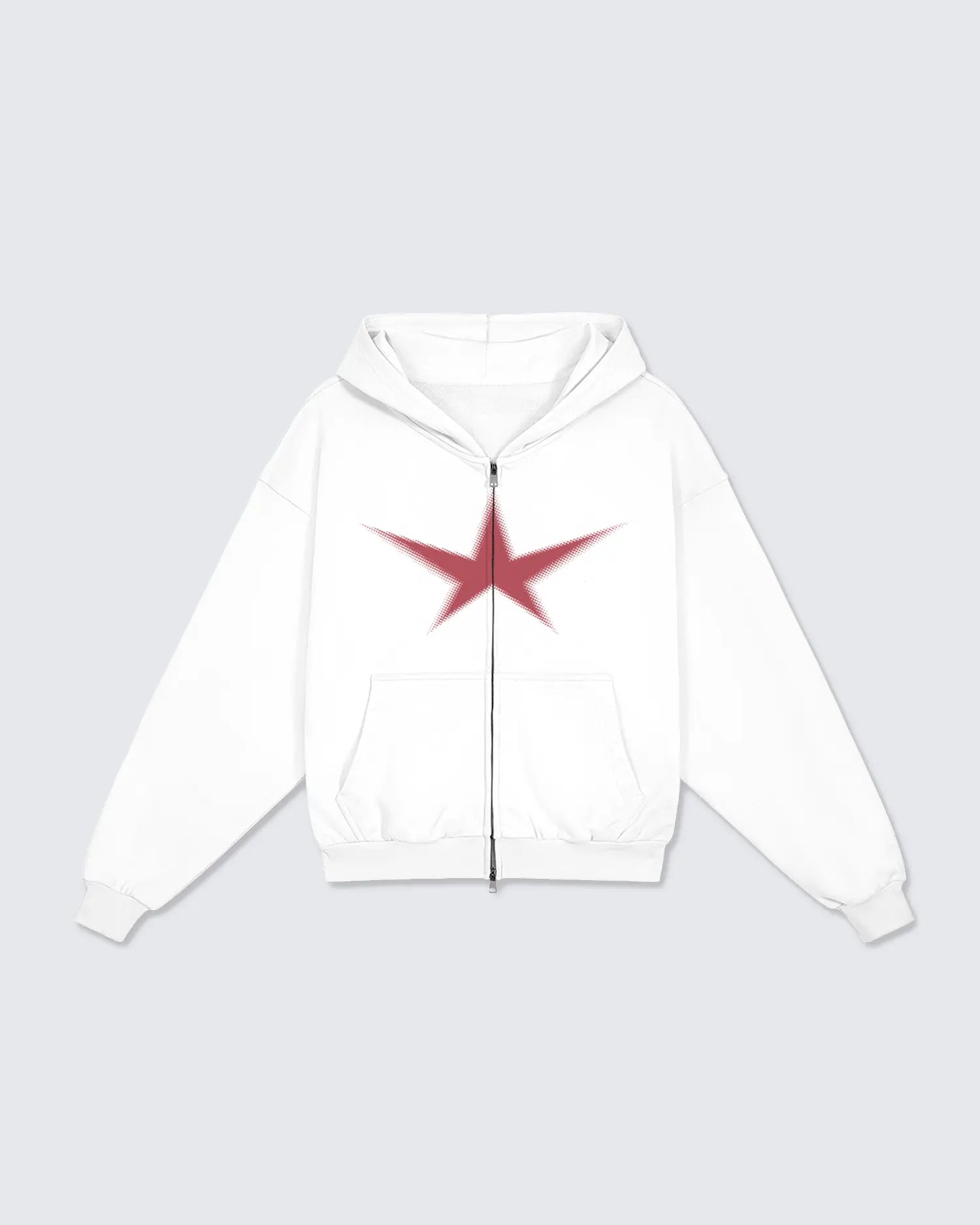 White hoodie with a red star design on a light gray background option1_zip-up option2_white